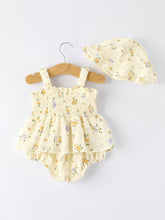Load image into Gallery viewer, Spring Floral Smocked Ruffle Romper and Hat Set