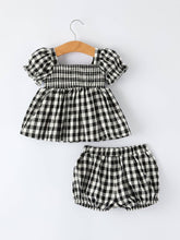 Load image into Gallery viewer, Plaid Girl Smocked Set Puff Sleeve Bloomer Set