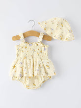 Load image into Gallery viewer, Spring Floral Smocked Ruffle Romper and Hat Set