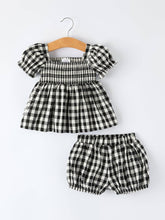 Load image into Gallery viewer, Plaid Girl Smocked Set Puff Sleeve Bloomer Set
