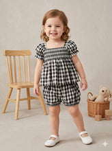 Load image into Gallery viewer, Plaid Girl Smocked Set Puff Sleeve Bloomer Set
