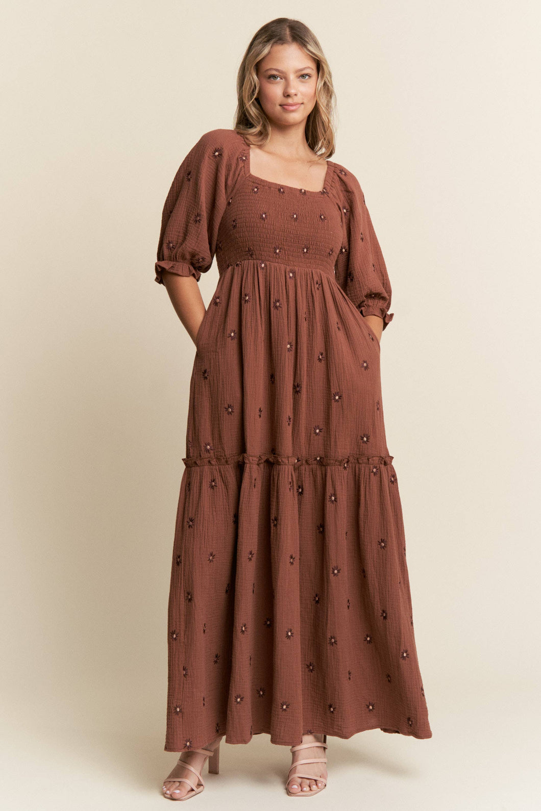 Floral Embroidered Tiered Maxi Dress
